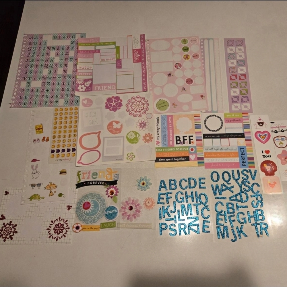 16 Sticker Sheets Scrapbooking, Puff, Glitter, Alphabet Letters, Emojis, Animals